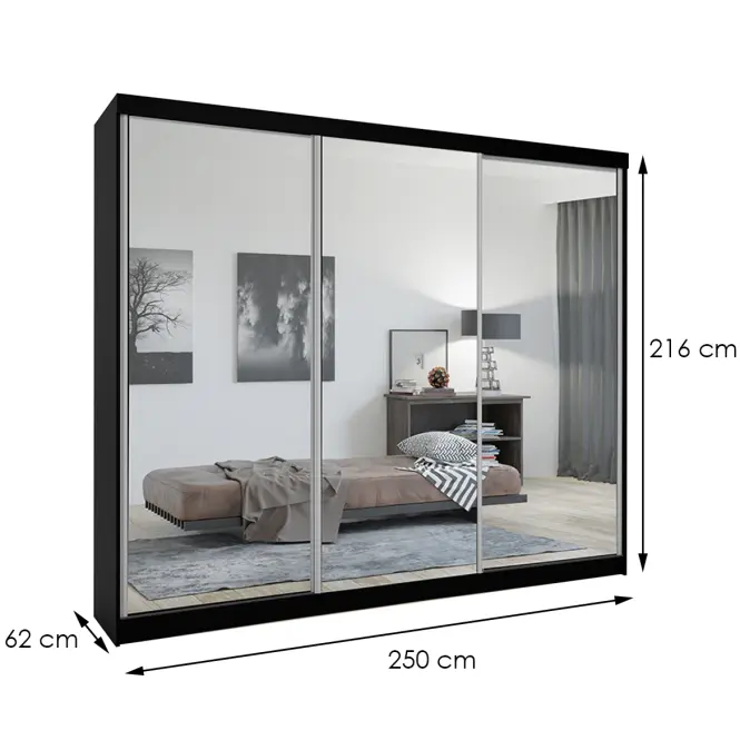 Skriňa s posuvnými dverami Lux 250 cm so zrkadlom – čierna, trojdverová
