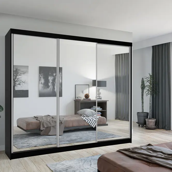 Skriňa s posuvnými dverami Lux 250 cm so zrkadlom – čierna, trojdverová