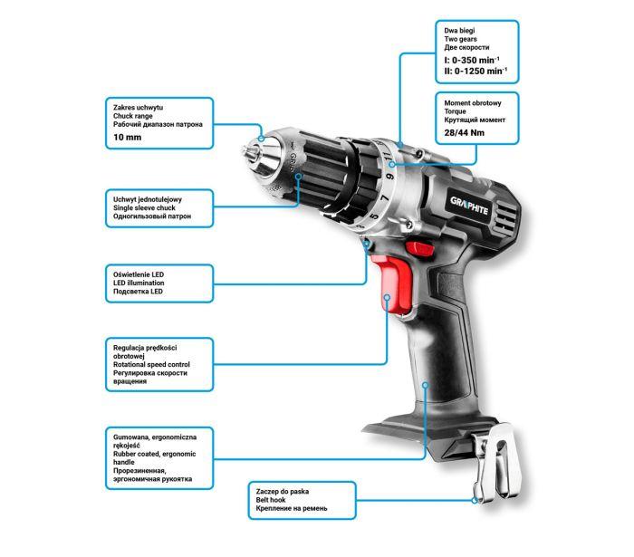 Aku Vŕtačka Graphite Energy+ 10MM 18V AKU 2AH 58G000-SET1,2