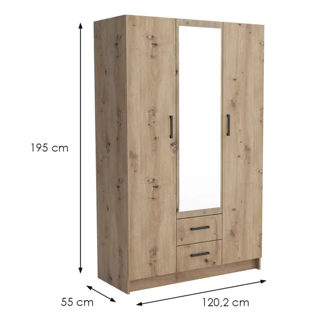 Skriňa Pino 1 120,2cm  so zrkadlom – dub artisan, trojdverová, zásuvky