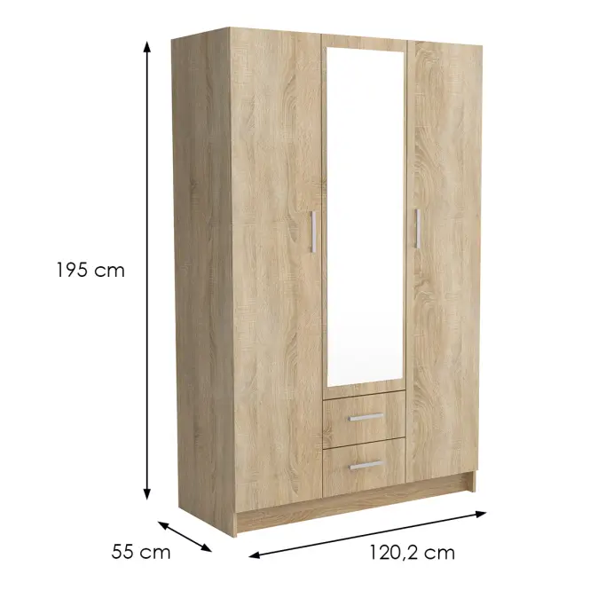Skriňa Pino 1 120,2cm  so zrkadlom – sonoma, trojdverová, zásuvky,2