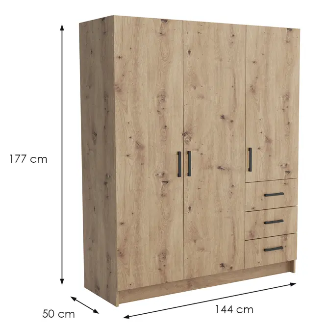 Skriňa Pino 4 144cm – dub artisan, trojdverová, zásuvky