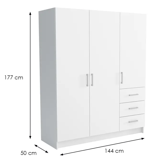 Skriňa Pino 4 144cm – biela, trojdverová, zásuvky,3