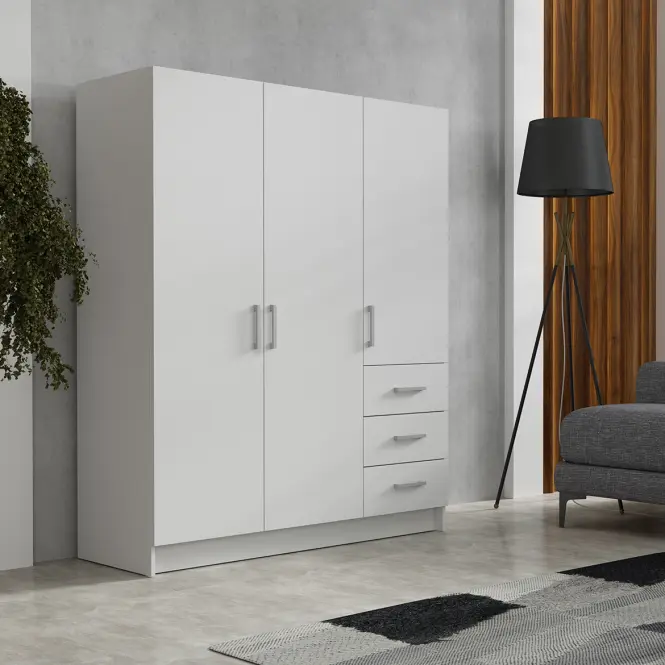 Skriňa Pino 4 144cm – biela, trojdverová, zásuvky,4