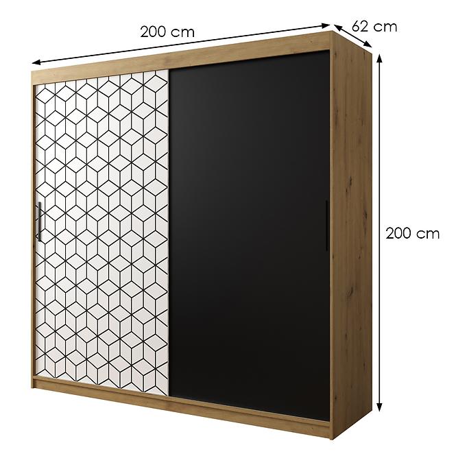 Skriňa Heksagon 200 dub artisan/biela/čierna
