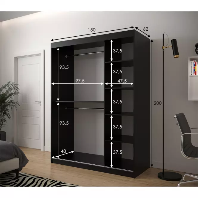 Skriňa Heksagon 2 150 čierna/biela/zrkadlo