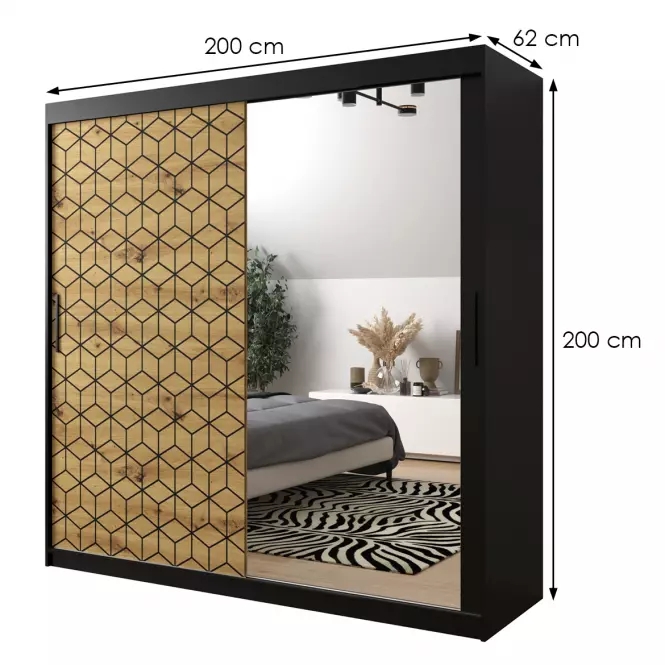 Skriňa Heksagon 2 200 čierna/dub artisan/zrkadlo