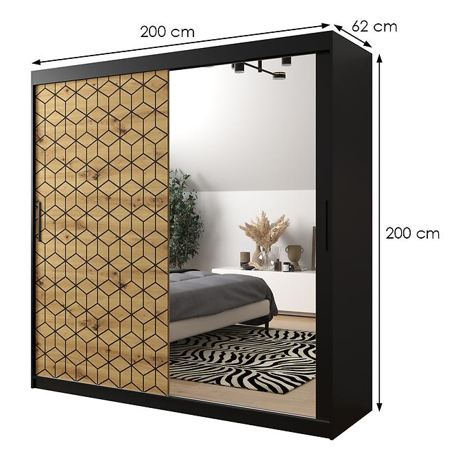 Skriňa Heksagon 2 200 čierna/dub artisan/zrkadlo