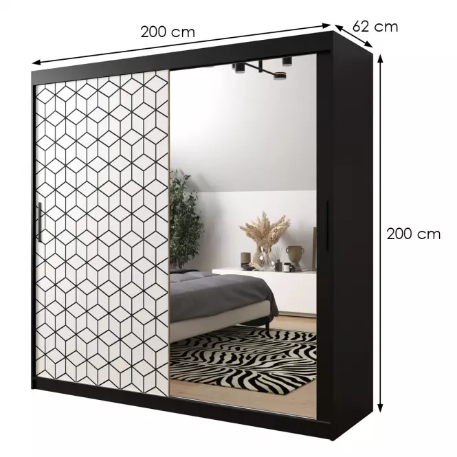 Skriňa Heksagon 2 200 čierna/biela/zrkadlo