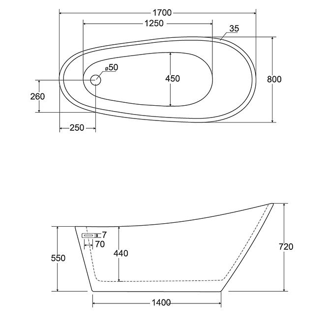 Vaňa Melody 170/80 + sifón klik-klak čierny s prepadom slim čierna,4