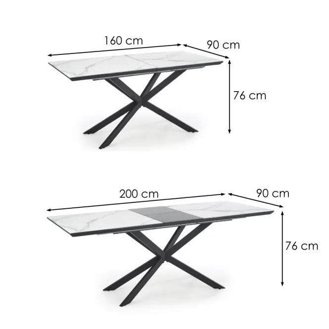 Rozkladací stôl Diesel 160/200x90cm Biely Marmur/Tmavé Popolavý/Čierna