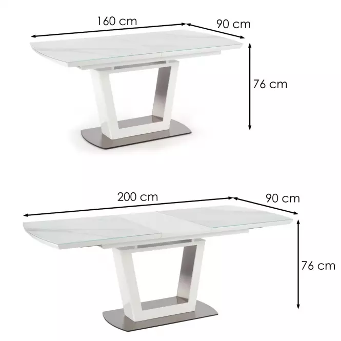Rozkladací stôl Blanco 160/200 Sklo/Mdf/Oceľ – Biely Marmur/Biely