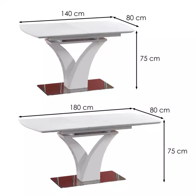 Rozkladací stôl Palermo 140/180x80cm Sklo/Mdf/Oceľ – Biely Mat