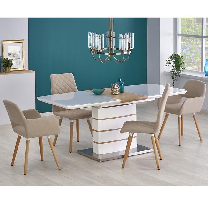 Rozkladací stôl Toronto 140/180x80cm Mdf/Sklo/Oceľ – Biely/Dub Zlatá