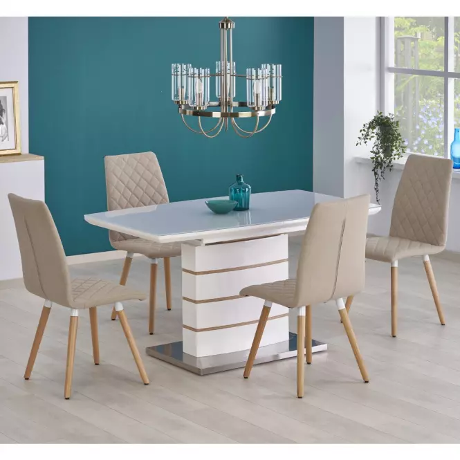 Rozkladací stôl Toronto 140/180x80cm Mdf/Sklo/Oceľ – Biely/Dub Zlatá