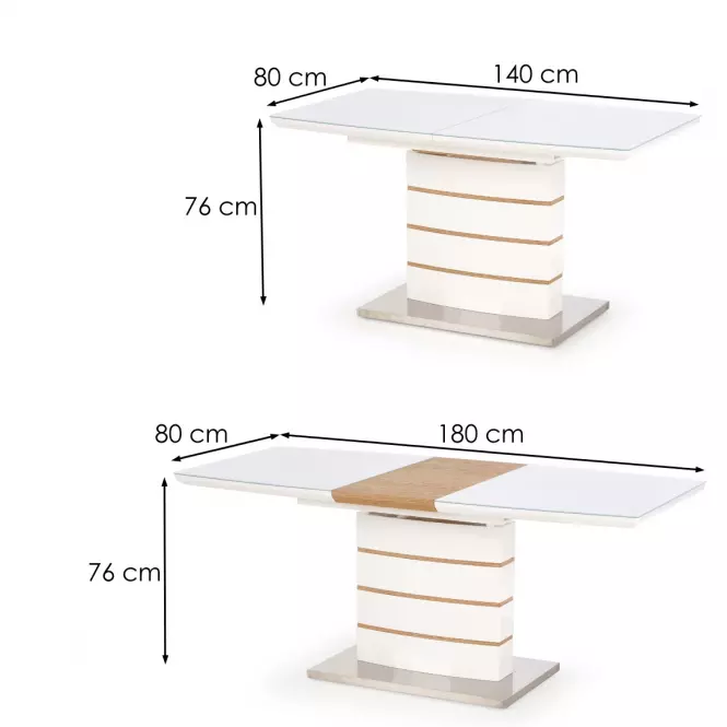 Rozkladací stôl Toronto 140/180x80cm Mdf/Sklo/Oceľ – Biely/Dub Zlatá