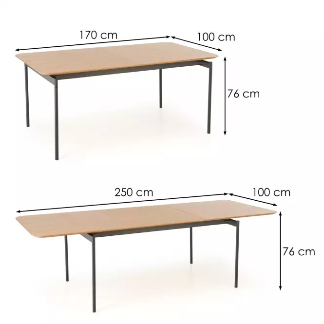 Rozkladací stôl Smart 170/250x100cm Mdf/Oceľ – Dub Naturalny/Čierna