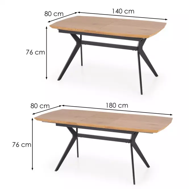 Rozkladací stôl Gustavo 140/180x80cm Mdf/Oceľ – Dub Zlatá/Čierna