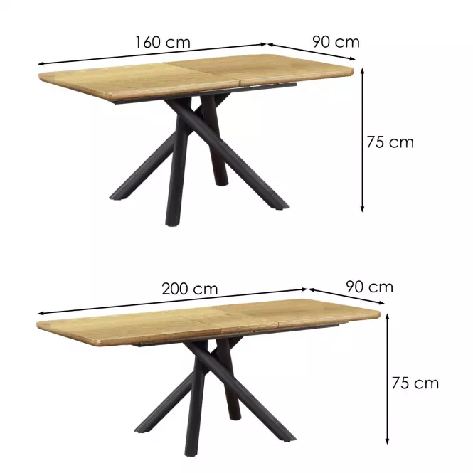 Rozkladací stôl Derrick 160/200x90cm Mdf/Oceľ – Dub Naturalny/Čierna