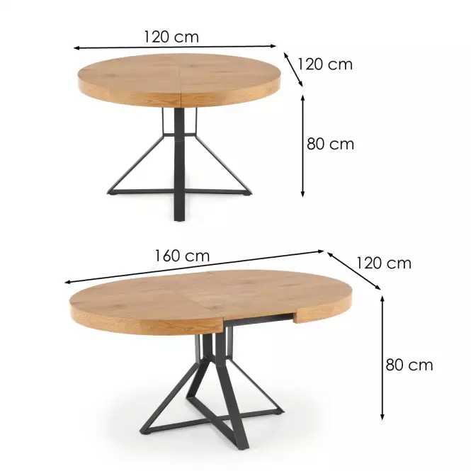 Rozkladací stôl Mercy 120/160x120cm Mdf/Oceľ – Dub Zlatá/Čierna
