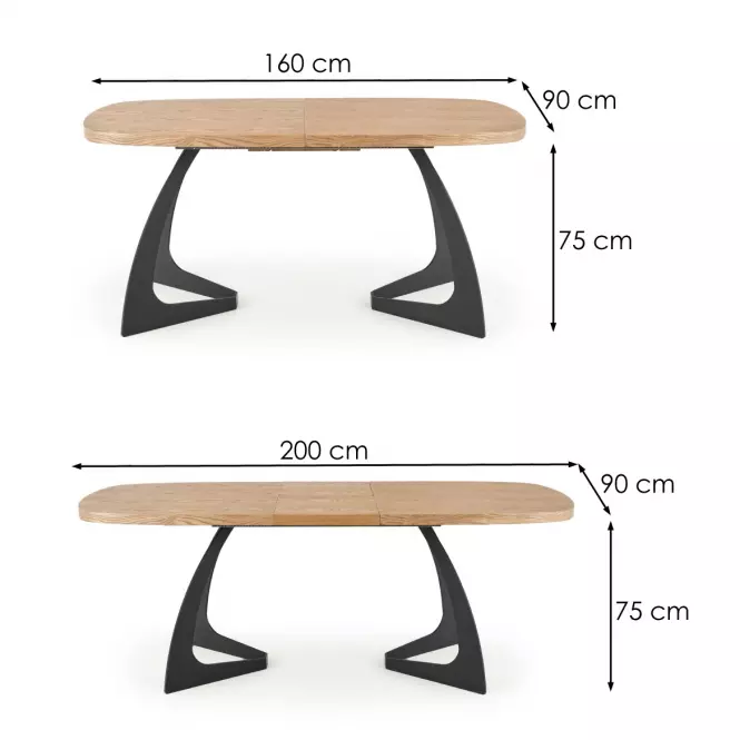 Rozkladací stôl Veldon 160/200x90cm Mdf/Oceľ – Dub Naturalny/Čierna
