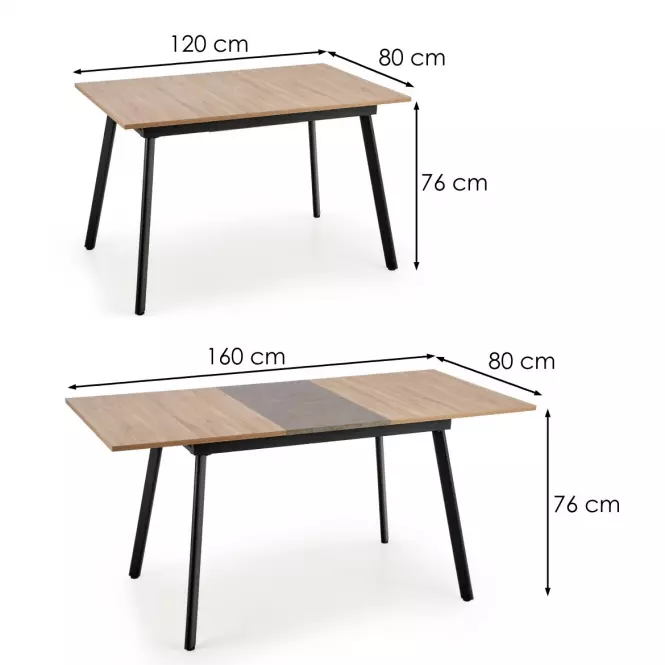 Rozkladací stôl Albon 120/160x80cm Mdf/Oceľ – Dub Sanoma/Popolavý/Čierna