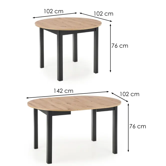 Rozkladací stôl Ringo 102/142x102cm Doska/MDF – Dub Artisan/Čierna,4
