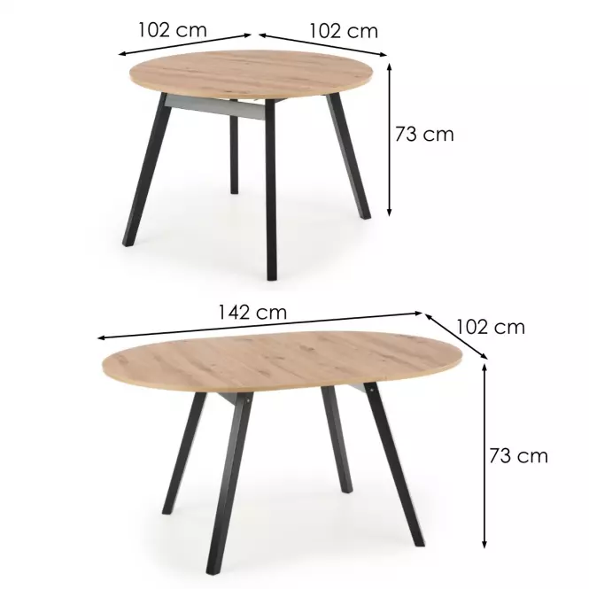 Rozkladací stôl Ruben 102/142x102cm doska/drevo – Dub Artisan/Čierna,3