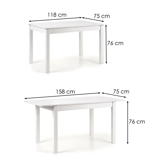 Rozkladací stôl Maurycy 118/158x75cm doska/ABS/MDF – Biely