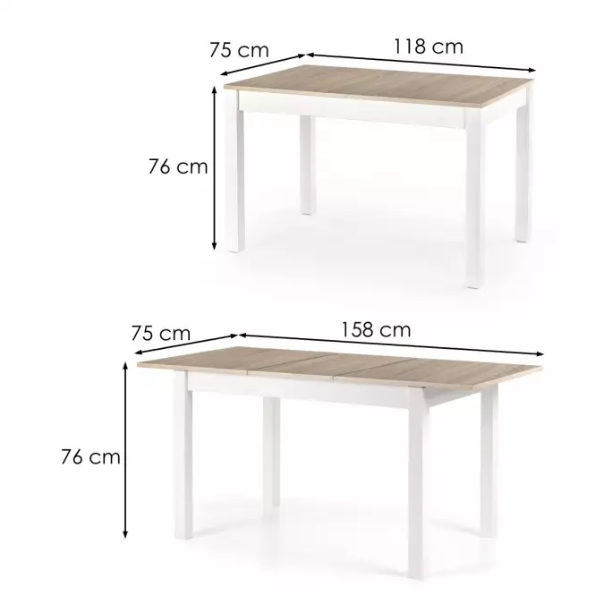 Rozkladací stôl Maurycy 118/158x75cm doska/ABS/MDF– Dub Sonoma/Biely
