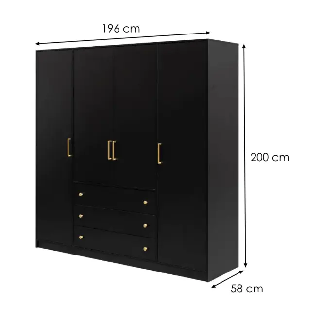 Skriňa Bali D4 Retro 196 cm – čierna, štvordverová, zásuvky,2