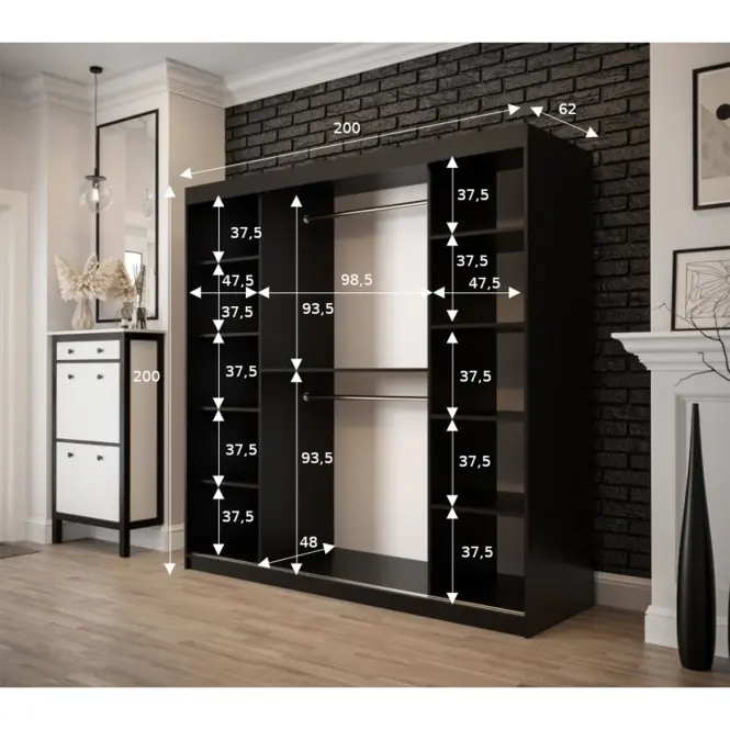 Skriňa Old Wood T1 200 Čierna/Old Style/zrkadlo