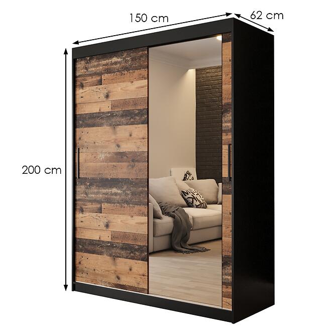 Skriňa Old Wood T2 150 Čierna/Old Style/zrkadlo