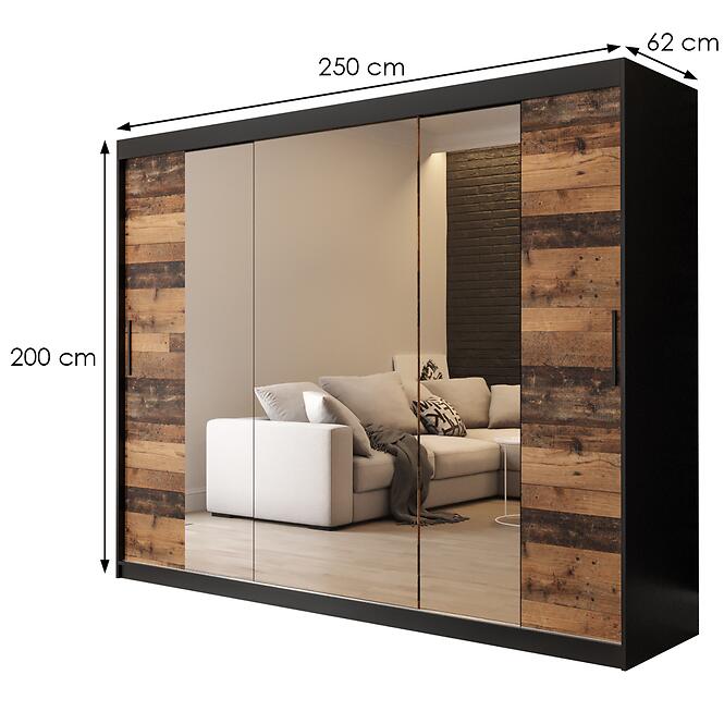 Skriňa Old Wood T2 250 Čierna/Old Style/zrkadlo