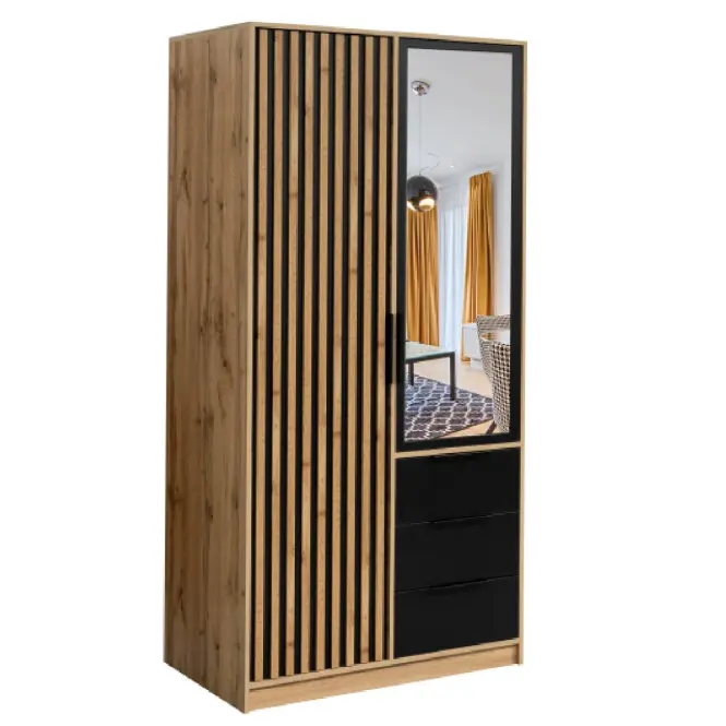 Skriňa Bali D2 LUX 100 cm so zrkadlom – čierna/dub wotan, lamely, jednodverová, zásuvky
