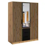 Skriňa Bali D3 LUX 149 cm so zrkadlom – čierna/dub wotan, lamely, trojdverová, zásuvky