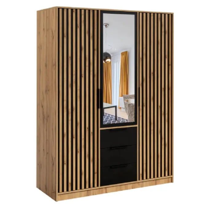 Skriňa Bali D3 LUX 149 cm so zrkadlom – čierna/dub wotan, lamely, trojdverová, zásuvky