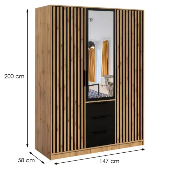 Skriňa Bali D3 LUX 149 cm so zrkadlom – čierna/dub wotan, lamely, trojdverová, zásuvky