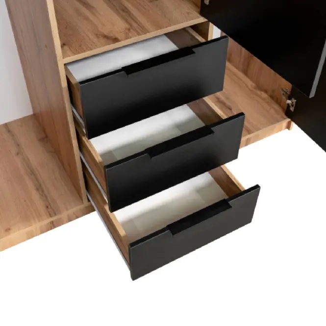 Skriňa Bali D3 LUX 149 cm so zrkadlom – čierna/dub wotan, lamely, trojdverová, zásuvky