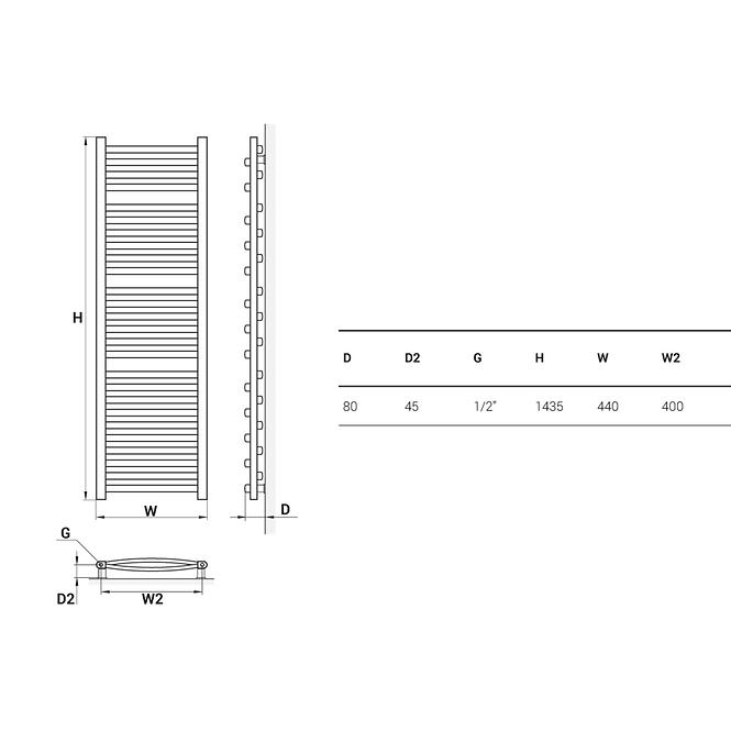 Kúpeľňový radiátor Łezka 3D Ł3D 26/40 1435x440 mm