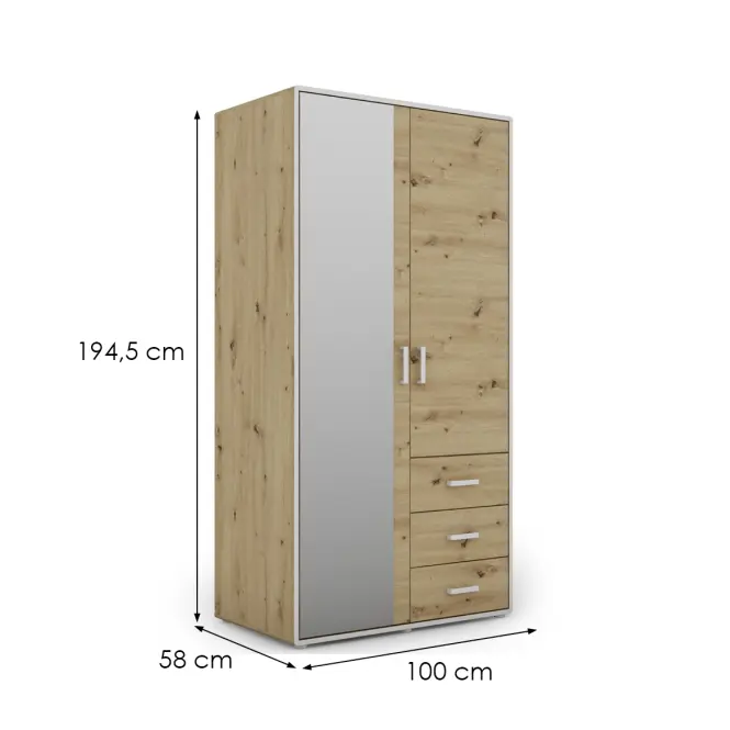 Skriňa Capannoli 100 cm so zrkadlom – artisan/biela, dvojdverová, zásuvky