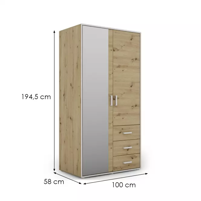Skriňa Capannoli 3s 2d zrkadlo dub artisan/biela,2