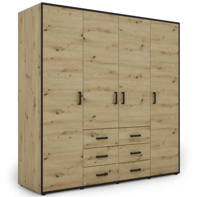 Skriňa Capannoli 195 cm – artisan/čierna, štvordverová, zásuvky