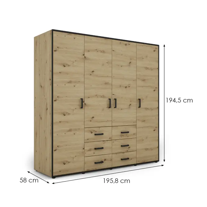 Skriňa Capannoli 195 cm – artisan/čierna, štvordverová, zásuvky