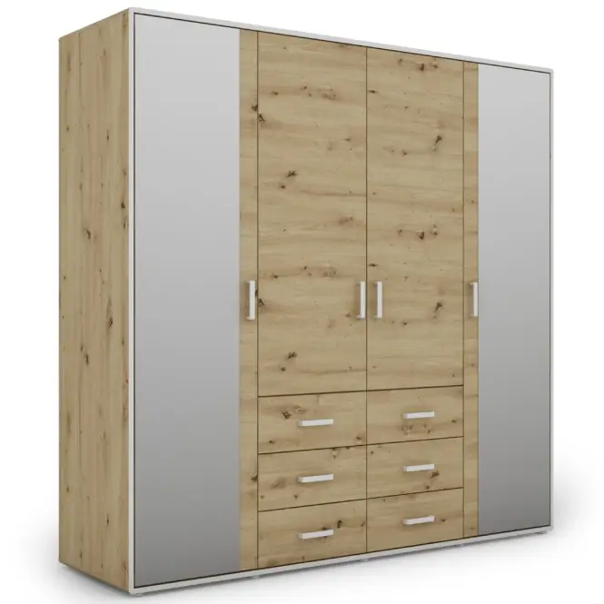 Skriňa Capannoli 195 cm so zrkadlom – artisan/biela, štvordverová, zásuvky