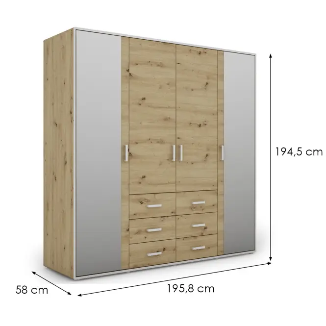 Skriňa Capannoli 195 cm so zrkadlom – artisan/biela, štvordverová, zásuvky