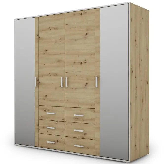 Skriňa Capannoli 195 cm so zrkadlom – artisan/biela, štvordverová, zásuvky