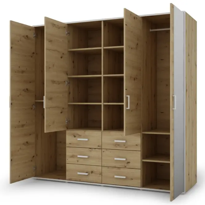 Skriňa Capannoli 195 cm so zrkadlom – artisan/biela, štvordverová, zásuvky