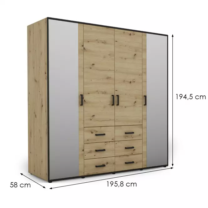 Skriňa Capannoli 6s 4d zrkadlo dub artisan/čierna