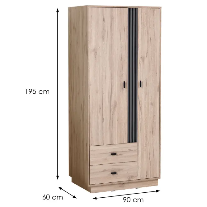 Skriňa Allmo 90cm-dub estana svetlý/antracit, dvojdverová, zásuvky